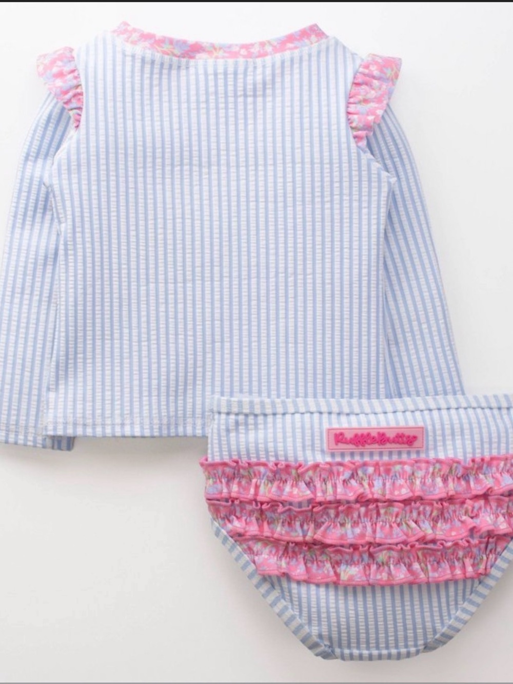 Ruffle Butts Blue Stripe Rash Guard with Pink Ruffle Diaper Cover